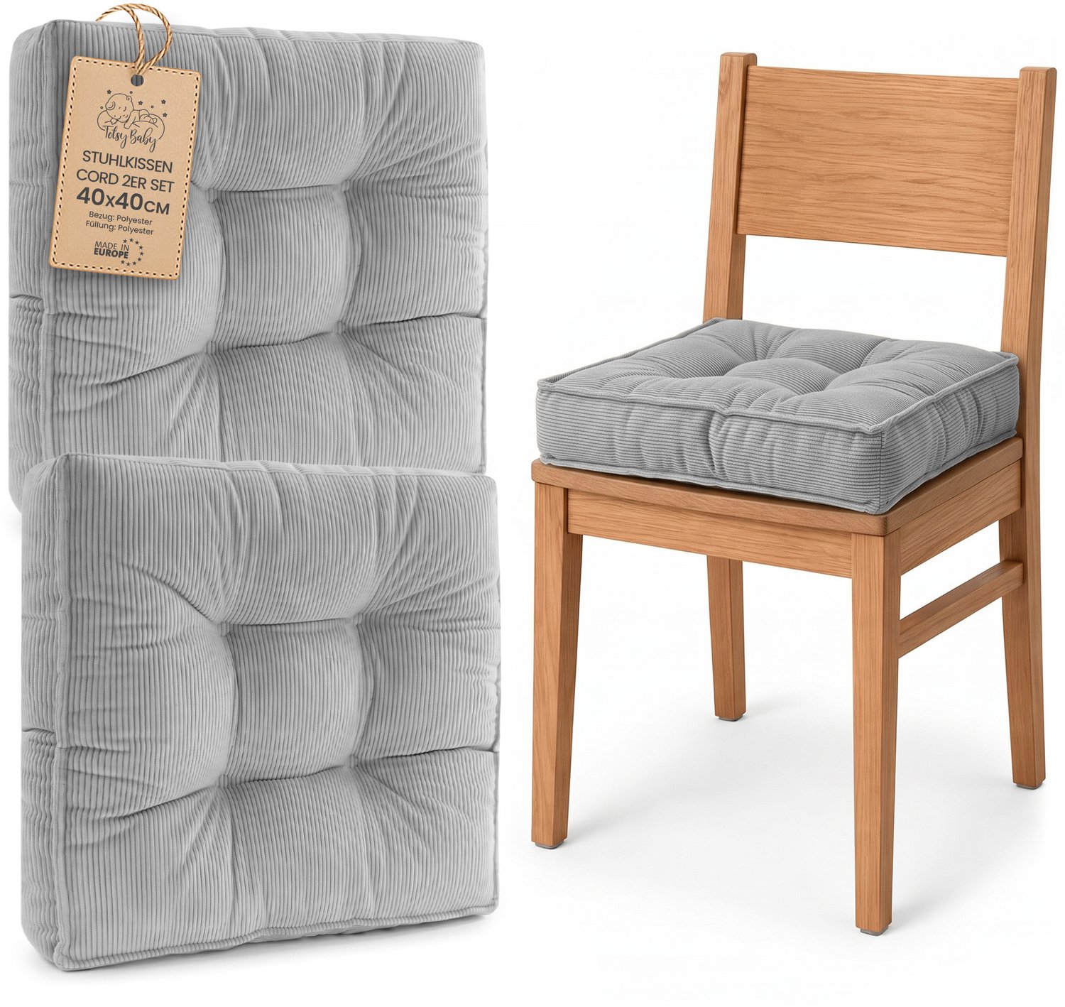 Amazinggirl Zitkussen voor Eetkamerstoel en Keukenstoel Vierkant Zacht Lichtgrijs Corduroy (2 stuks)
