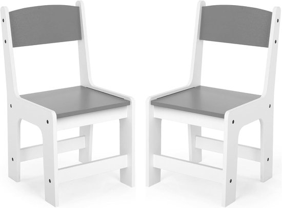 Houten kinderstoel, set van 2, vanaf 1 jaar, zithoogte 27 cm, kinderstoelen tot 80 kg, 55 x 30 x 28 cm voor kinderkamer, zitgroep kindertafel, met rugleuning en voetensteun, in wit en grijs