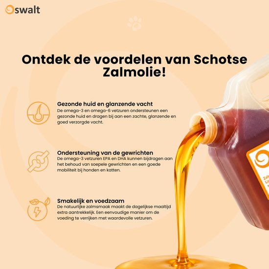 Fles Oswalt Schotse zalmolie die wordt uitgegoten, met iconen voor huid, gewrichten en voeding.