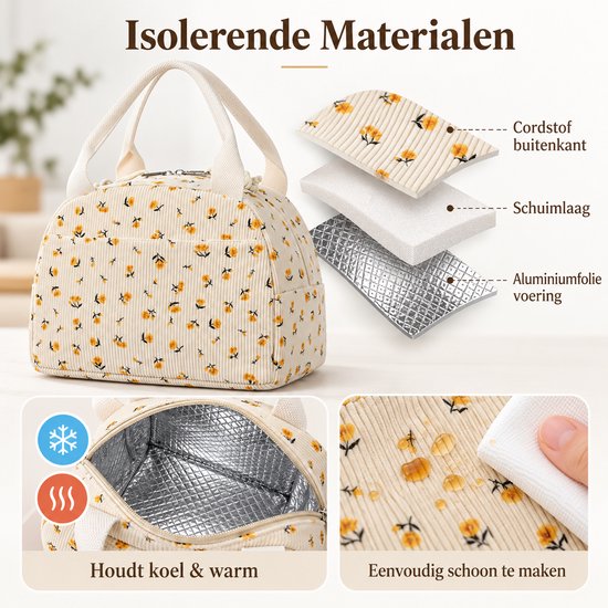 Lifhelpe Lunchtas met Isolatie – Grote Corduroy Lunchbox Tas met Voorvak – Herbruikbare Koeltas voor Werk, Picknick en Reizen – 25,4 × 19 × 19 cm – Crème met Gele Bloemen van Lifhelpe — afbeelding 3