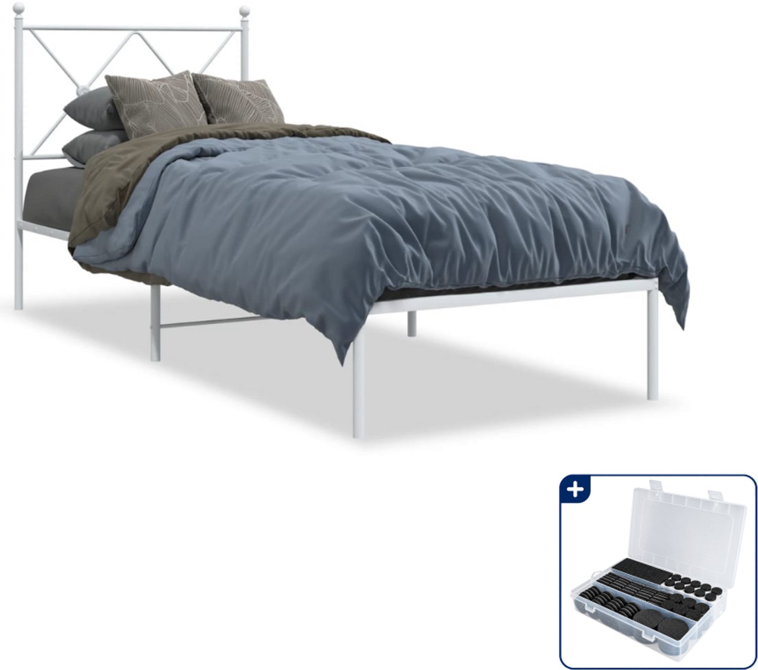 vidaXL bedframe met hoofdbord - 75 x 190 cm - staal - wit - Inclusief antikrasvilt 177-delig