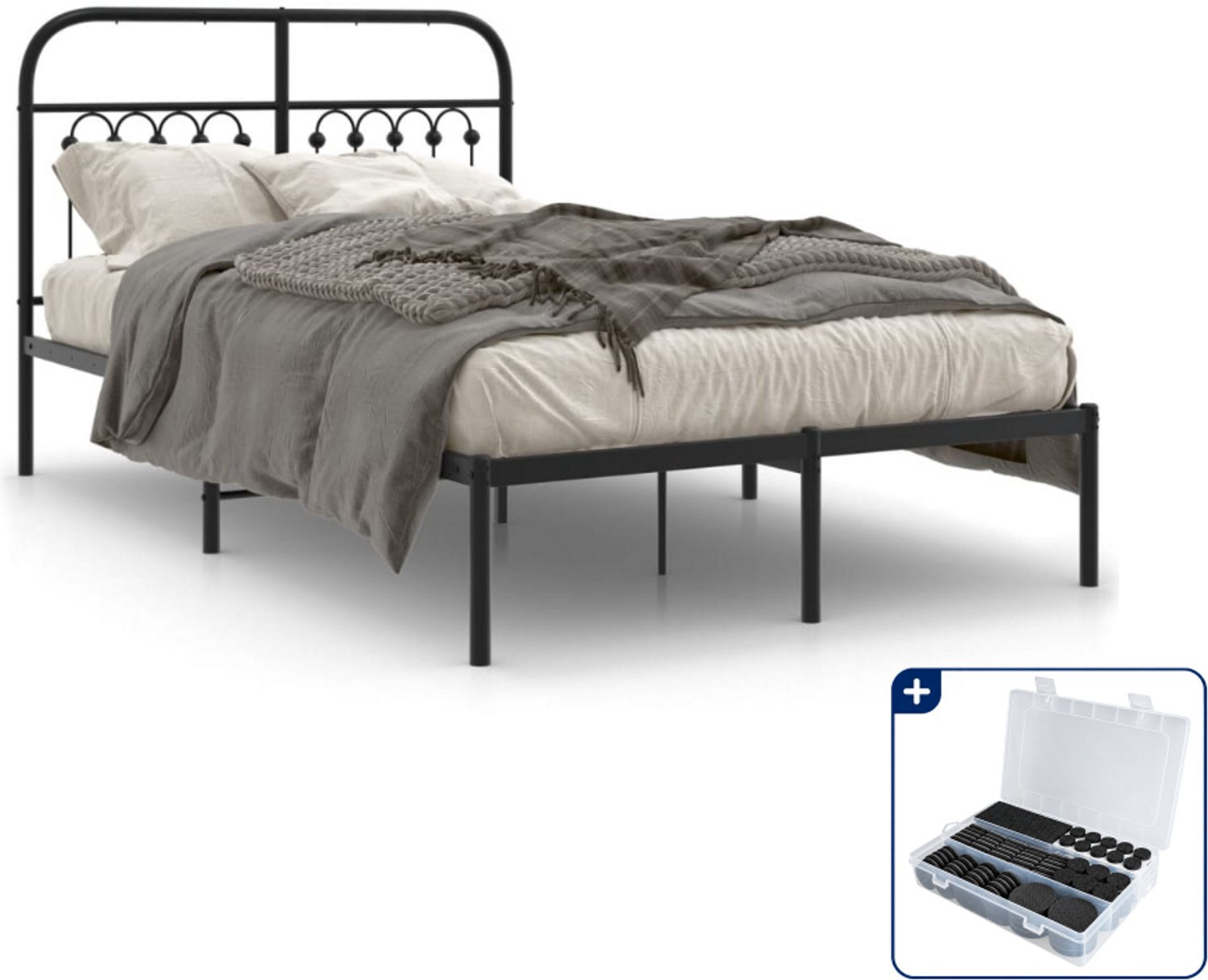vidaXL bedframe met hoofdbord - 120 x 190 cm - staal - zwart - Inclusief antikrasvilt 177-delig