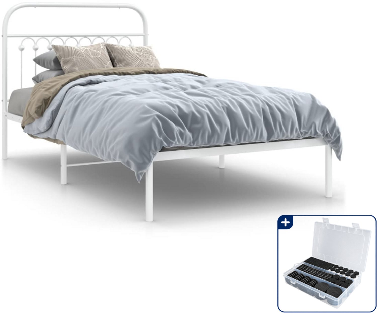 vidaXL bedframe met hoofdbord - 100 x 200 cm - staal - wit - Inclusief antikrasvilt 177-delig