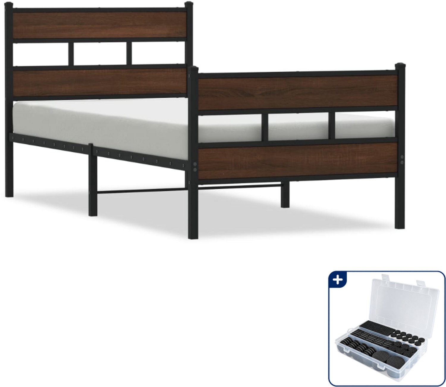 vidaXL bedframe - 75 x 190 cm - staal en bewerkt hout - bruineiken - Inclusief antikrasvilt 177-delig