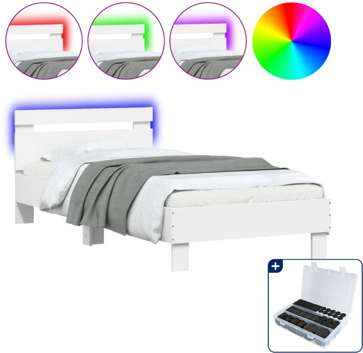 vidaXL Bedframe met hoofdbord en led-verlichting - 90 x 190 cm - wit - Inclusief antikrasvilt 177-delig