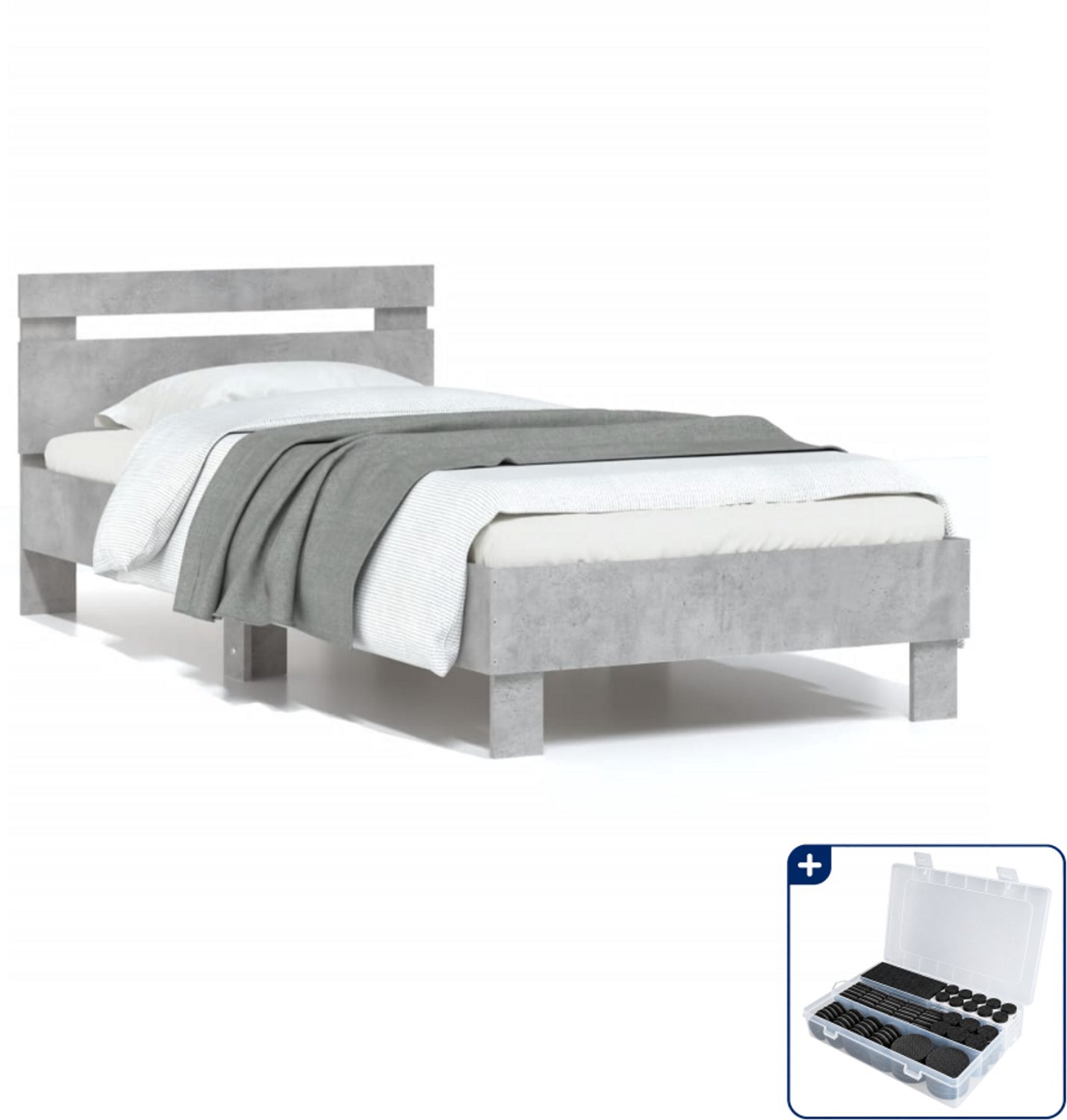 vidaXL Bedframe met hoofdeinde - 90 x 200 cm - bewerkt hout - betongrijs - Inclusief antikrasvilt 177-delig