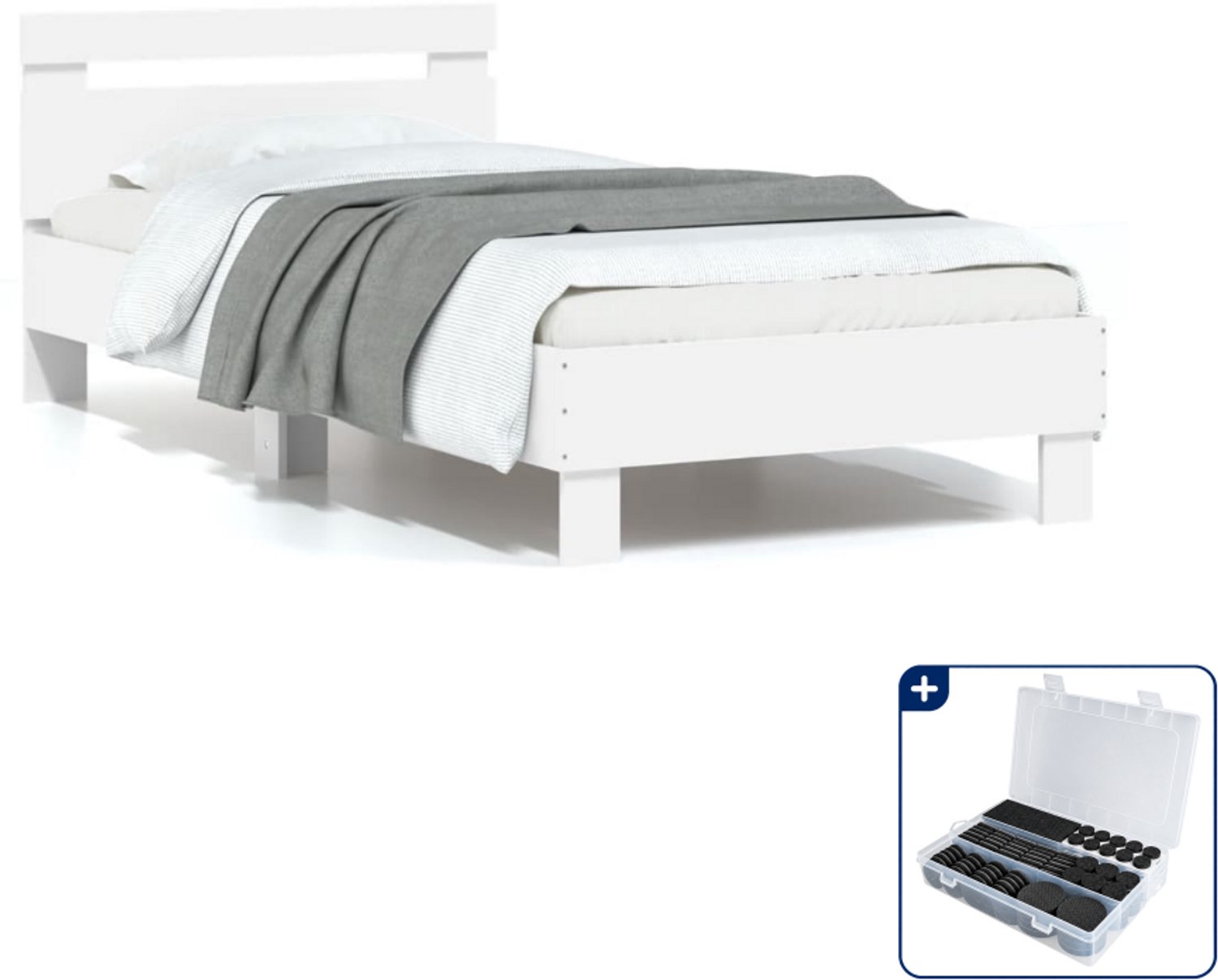 vidaXL bedframe met hoofdbord - 90 x 200 cm - bewerkt hout - wit - Inclusief antikrasvilt 177-delig
