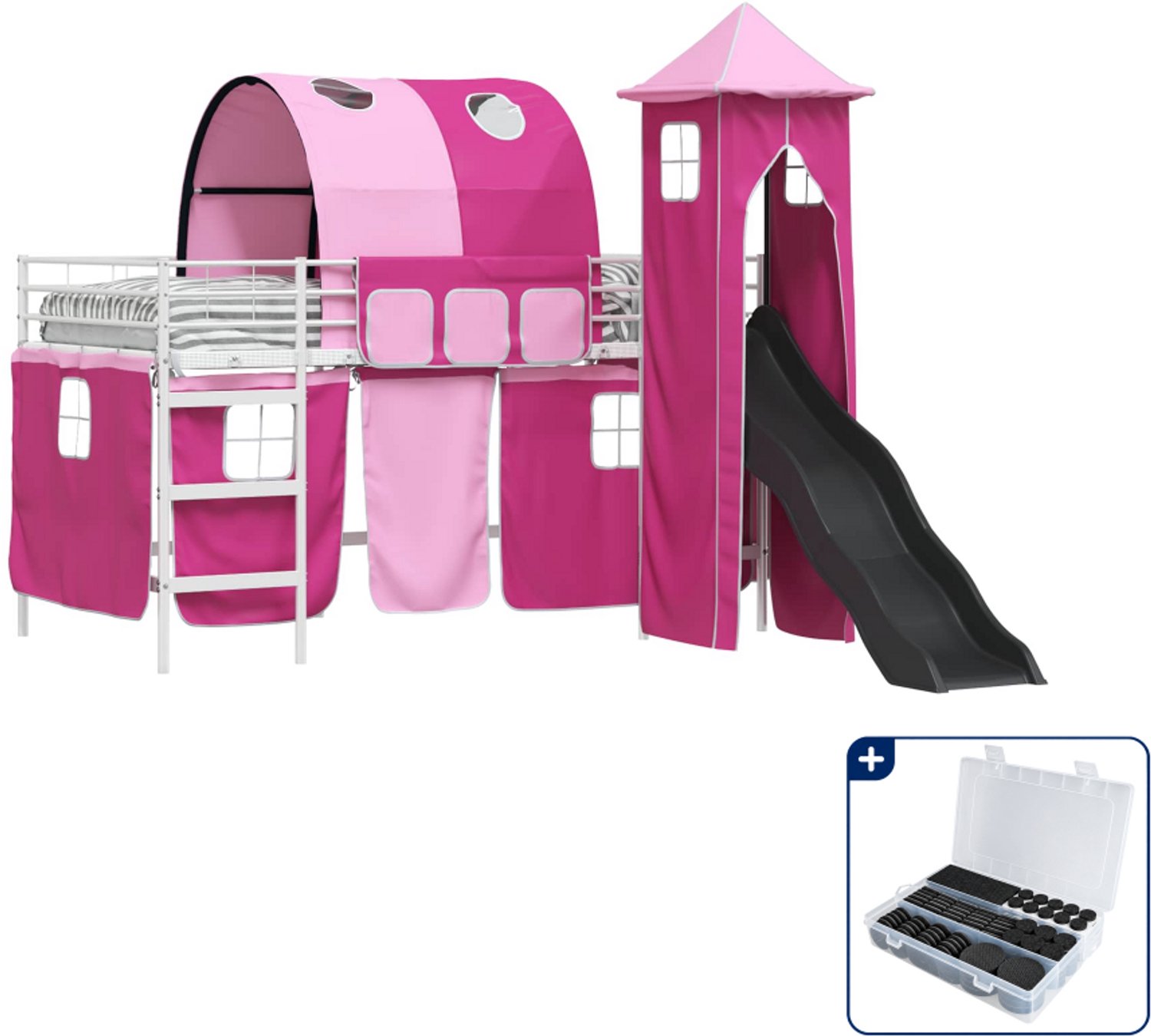 vidaXL kinderhoogslaper - 100 x 200 cm - metaal - wit en roze - Inclusief antikrasvilt 177-delig