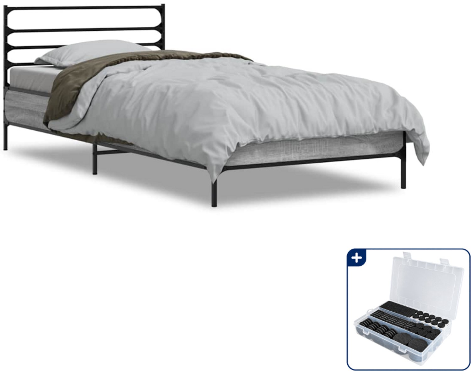 vidaXL Bedframe - 100 x 200 cm - bewerkt hout en metaal - grijs sonoma - Inclusief antikrasvilt 177-delig