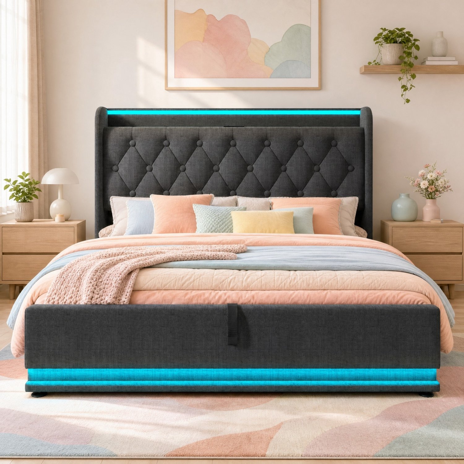 Maisentiel Gestoffeerd bed 140 x 200 cm - grijs linnen - opbergruimte, LED en USB-C