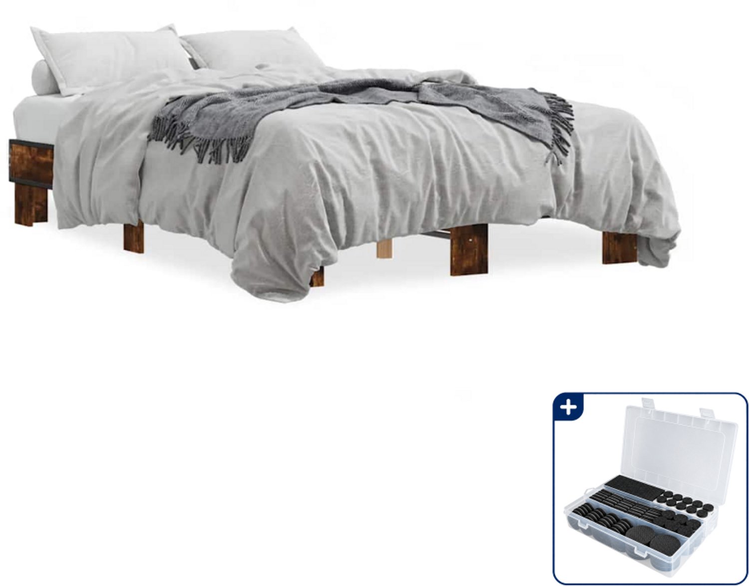 vidaXL bedframe - 140 x 190 cm - bewerkt hout en metaal - gerookt eiken - Inclusief antikrasvilt 177-delig Bruin