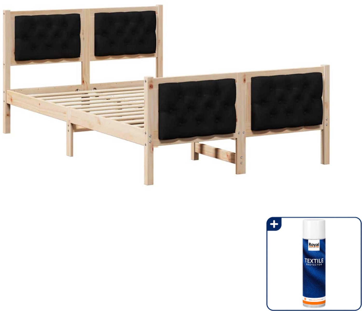 vidaXL bedframe met hoofdeinde - 120 x 190 cm - massief hout - zwart - Inclusief textielbeschermer 500 ml Bruin
