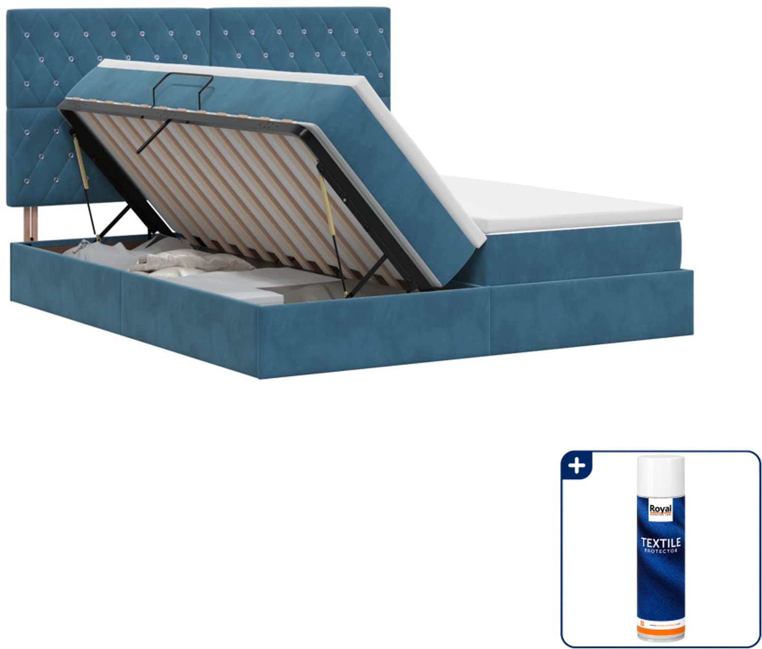 vidaXL opbergbed met matras - Super kingsize - 200 x 200 cm - blauw - Inclusief textielbeschermer 500 ml