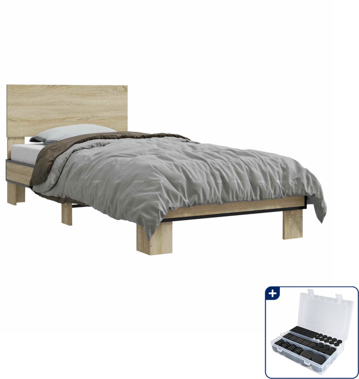 vidaXL bedframe met hoofdeinde - 80 x 200 cm - bewerkt hout - sonoma eiken - Inclusief antikrasvilt 177-delig Bruin