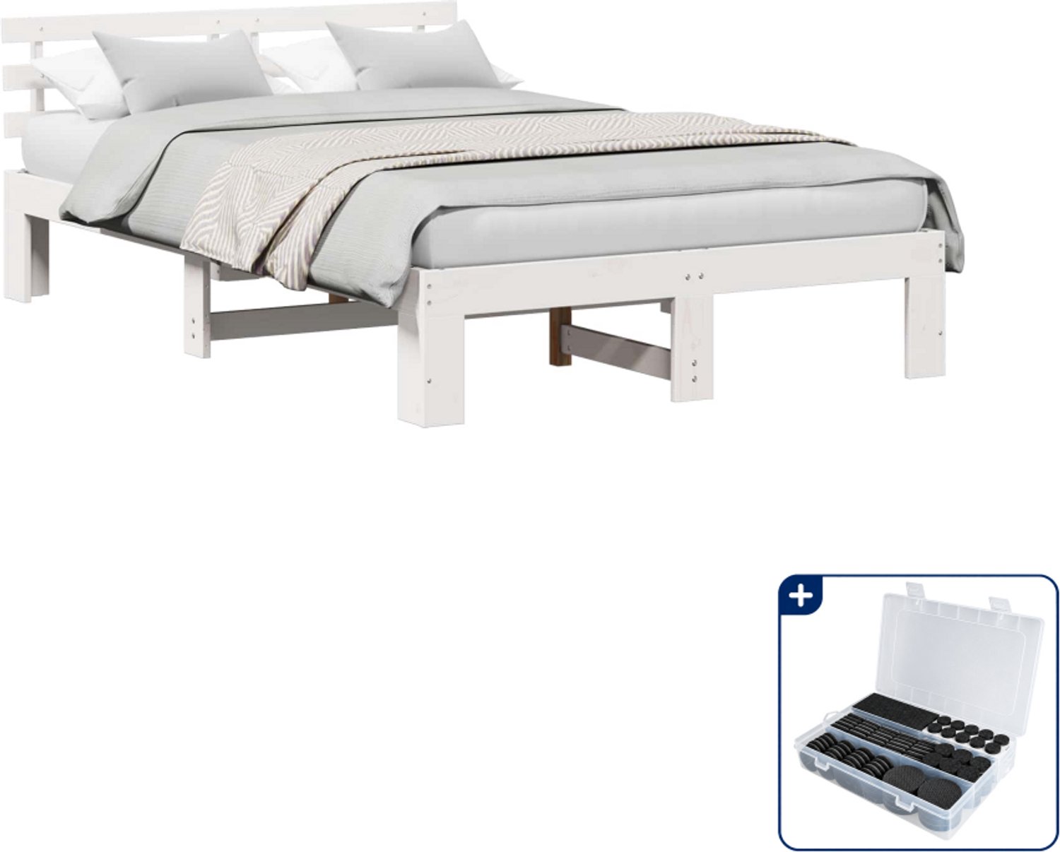vidaXL Bedframe met hoofdeinde - 140 x 190 cm - massief grenenhout - wit - Inclusief antikrasvilt 177-delig