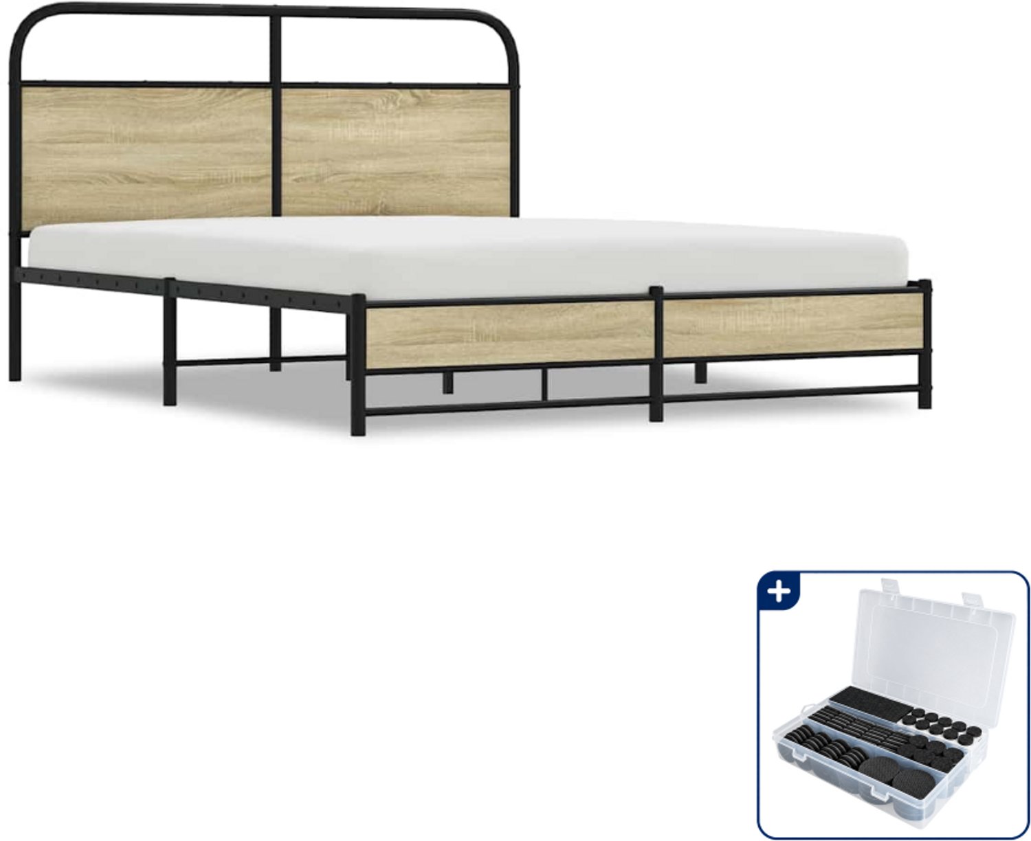 vidaXL Bedframe - 150 x 200 cm - staal en bewerkt hout - sonoma eiken - Inclusief antikrasvilt 177-delig Bruin