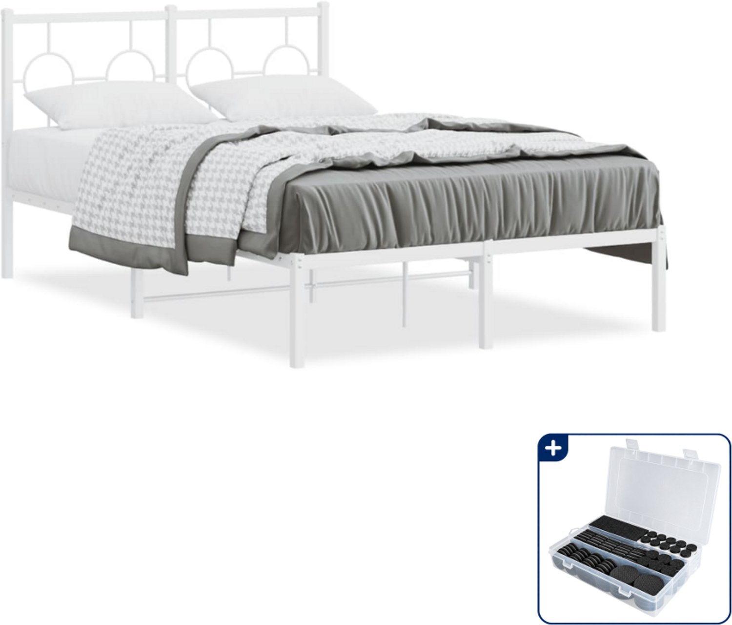 vidaXL bedframe met hoofdbord - 120 x 190 cm - staal - wit - Inclusief antikrasvilt 177-delig