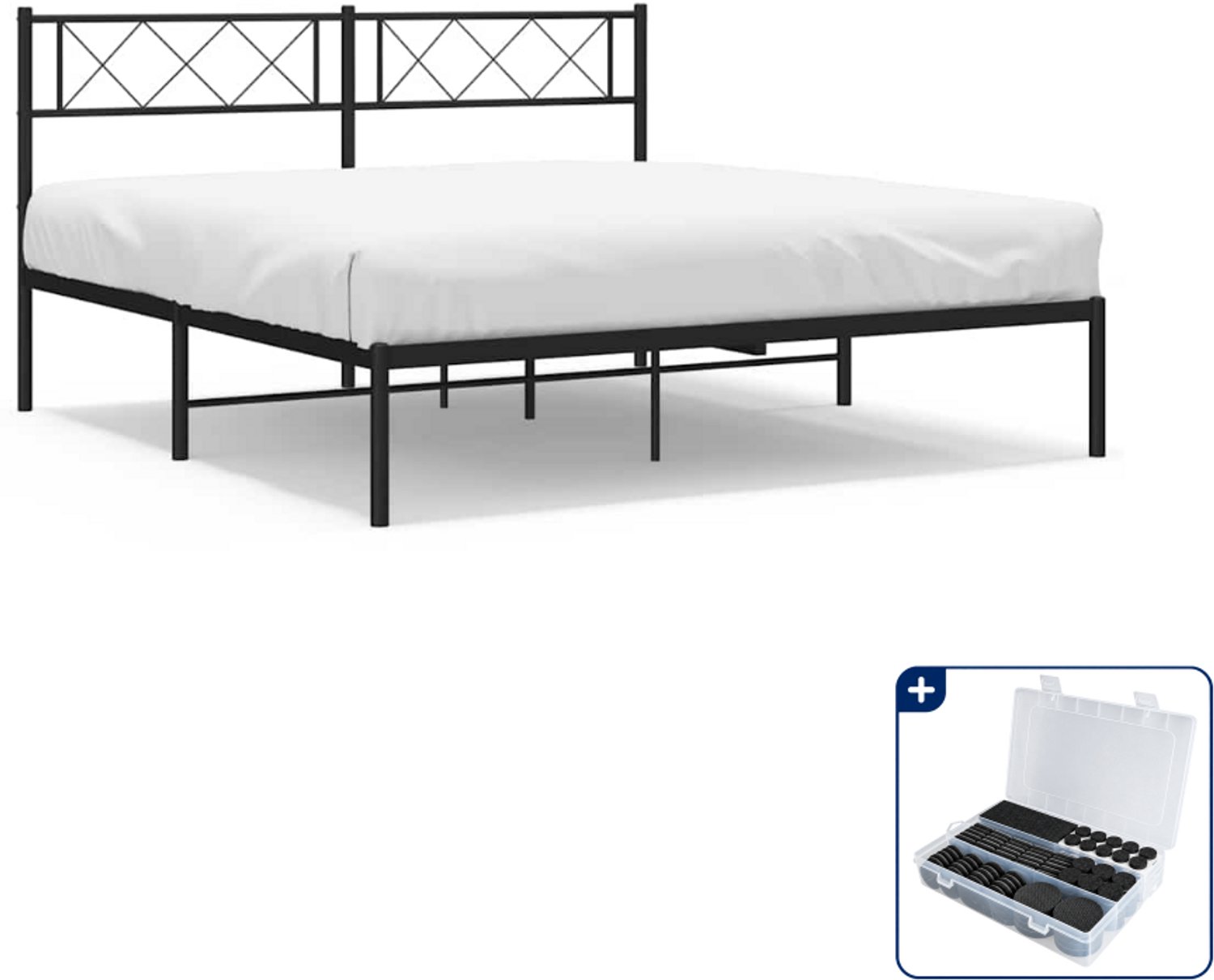 vidaXL bedframe met hoofdbord - 135 x 190 cm - staal - zwart - Inclusief antikrasvilt 177-delig