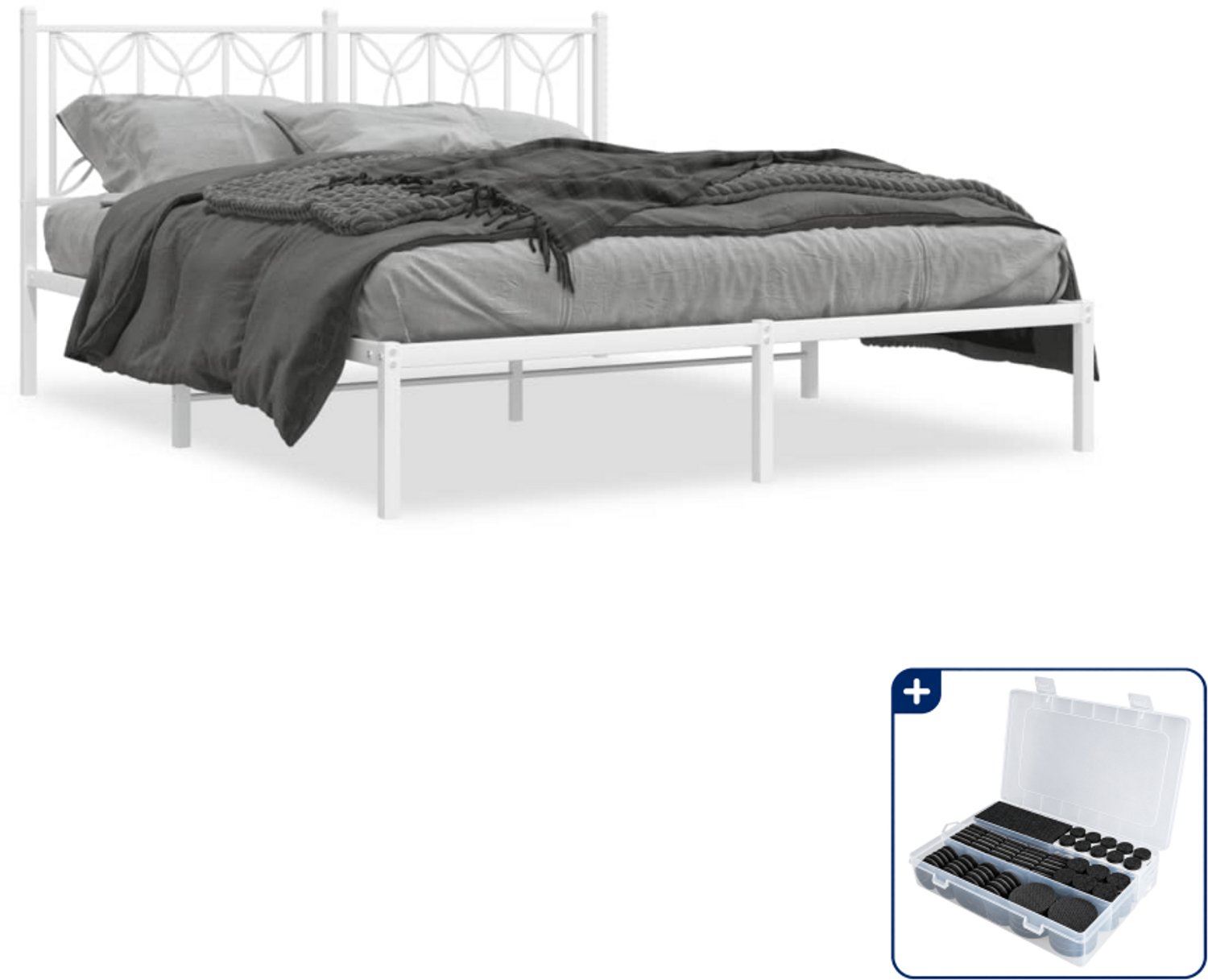 vidaXL bedframe met hoofdbord - 150 x 200 cm - staal - wit - Inclusief antikrasvilt 177-delig