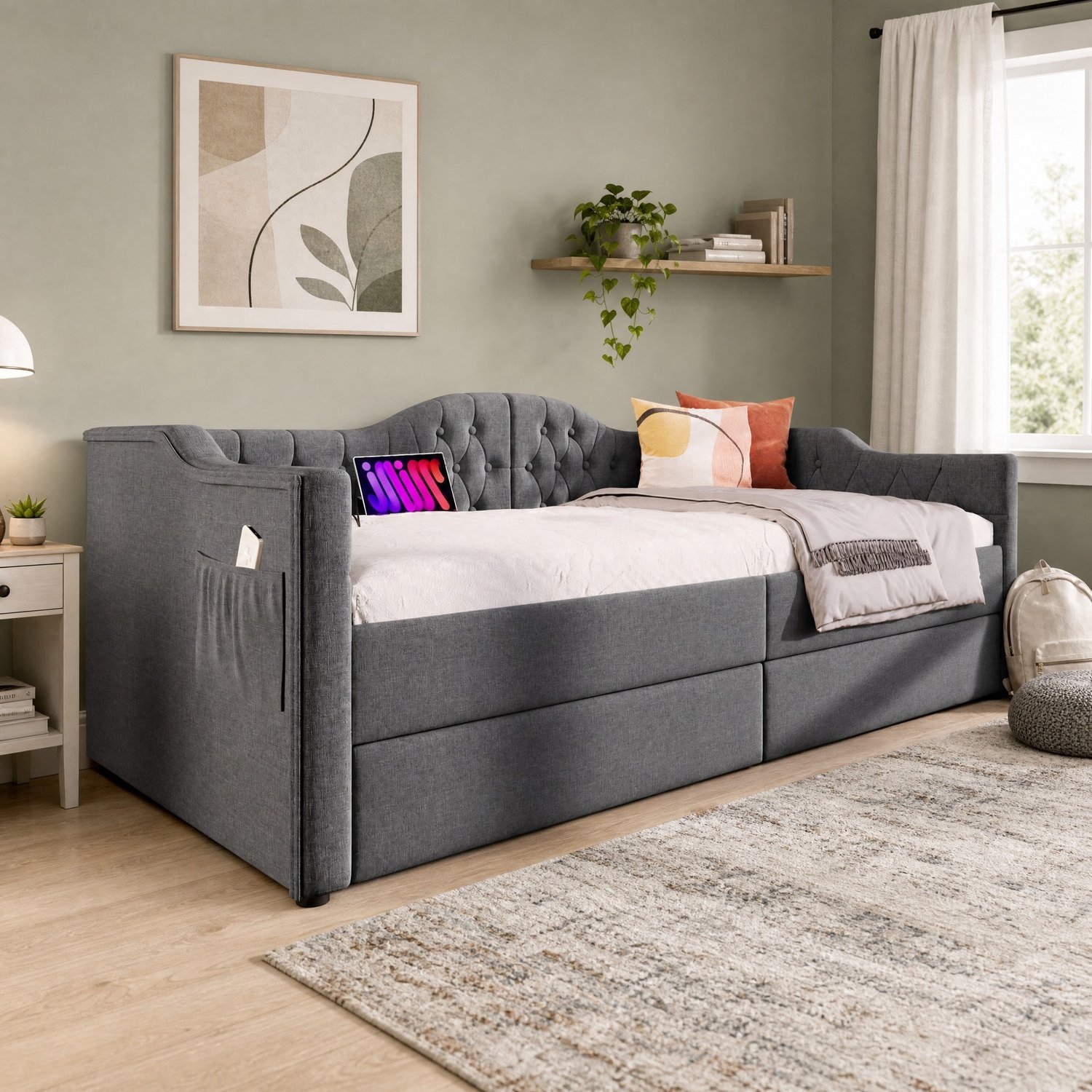 Maisentiel Grijs gestoffeerd dagbed 90 x 200 cm met 2 lades en USB- en Type-C-aansluiting