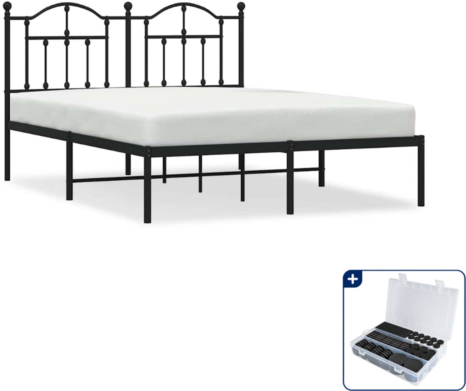 vidaXL bedframe met hoofdbord - 135 x 190 cm - staal - zwart - Inclusief antikrasvilt 177-delig