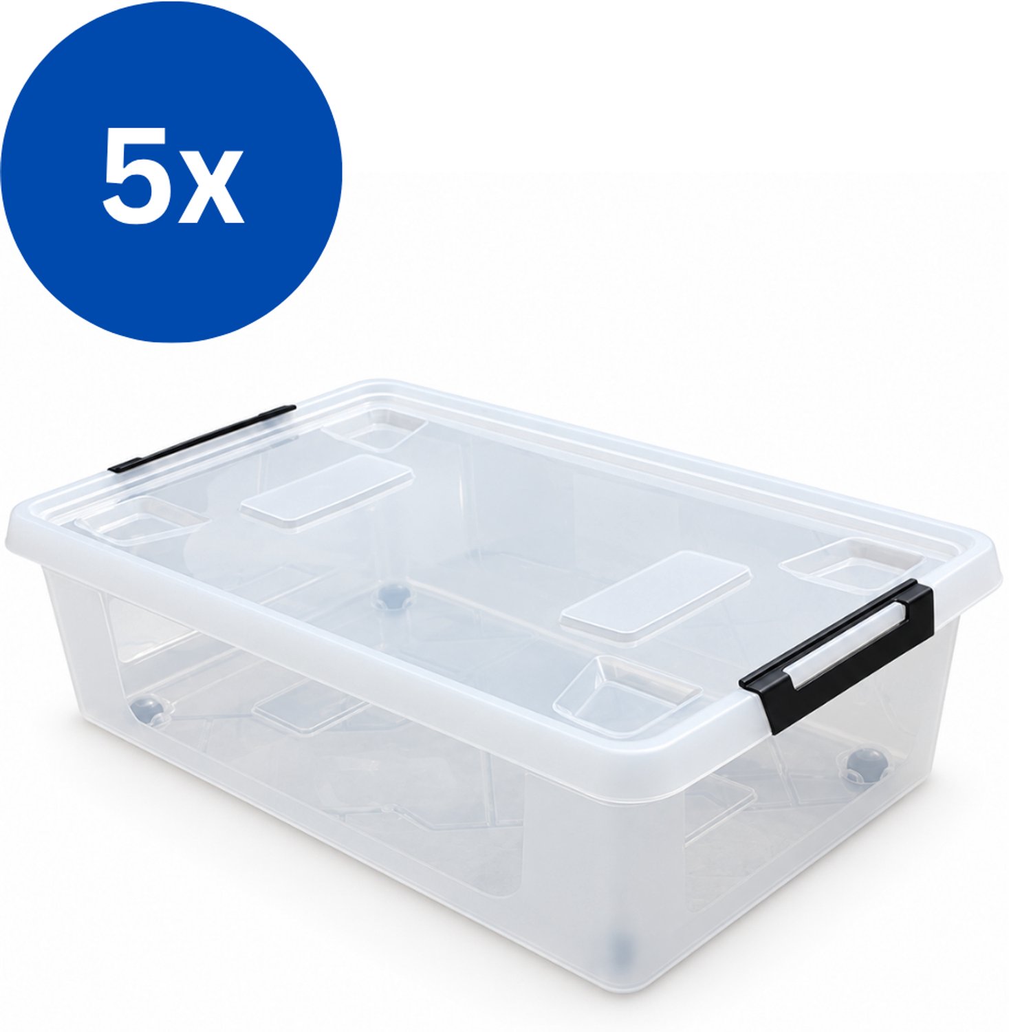 HL Agenturen HL - Opbergbox met deksel - 30 Liter - Set van 5 stuks - Opbergdoos met wieltjes - Stapelbaar - Kunststof - Transparant