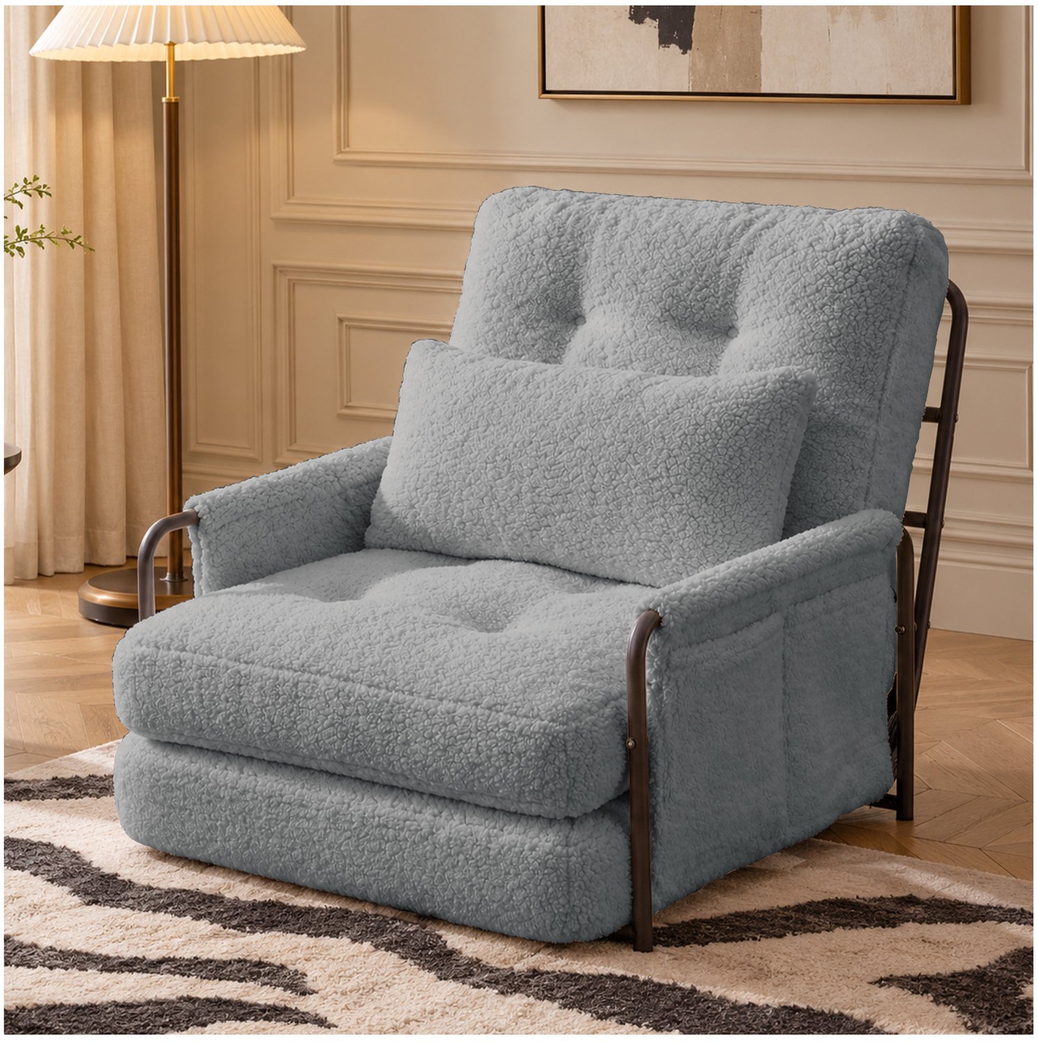 FloraGrace Opklapbare Fauteuil - 3-in-1 Slaapstoel met Verstelbare Rugleuning - Voor Woonkamer en Slaapkamer - Teddystof en Metaal - Grijs