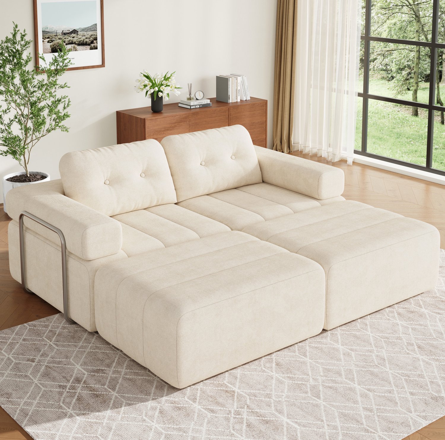 FloraGrace Hoekbank 258 x 165 x 79 cm - Modulair met Slaapfunctie en 5 Opstellingen - Voor de Woonkamer - Chenille - Beige