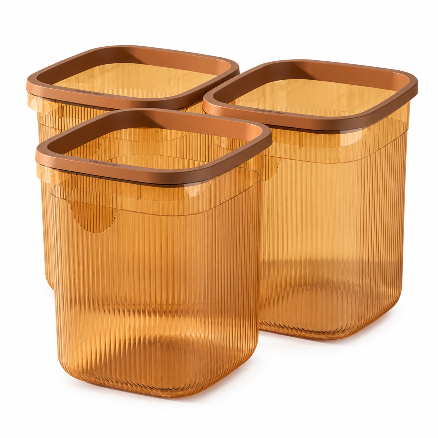 Transparant theebruine prullenbakken, set van 3 x 15 L, open bovenzijde, afgerond vierkant met verticale ribbels