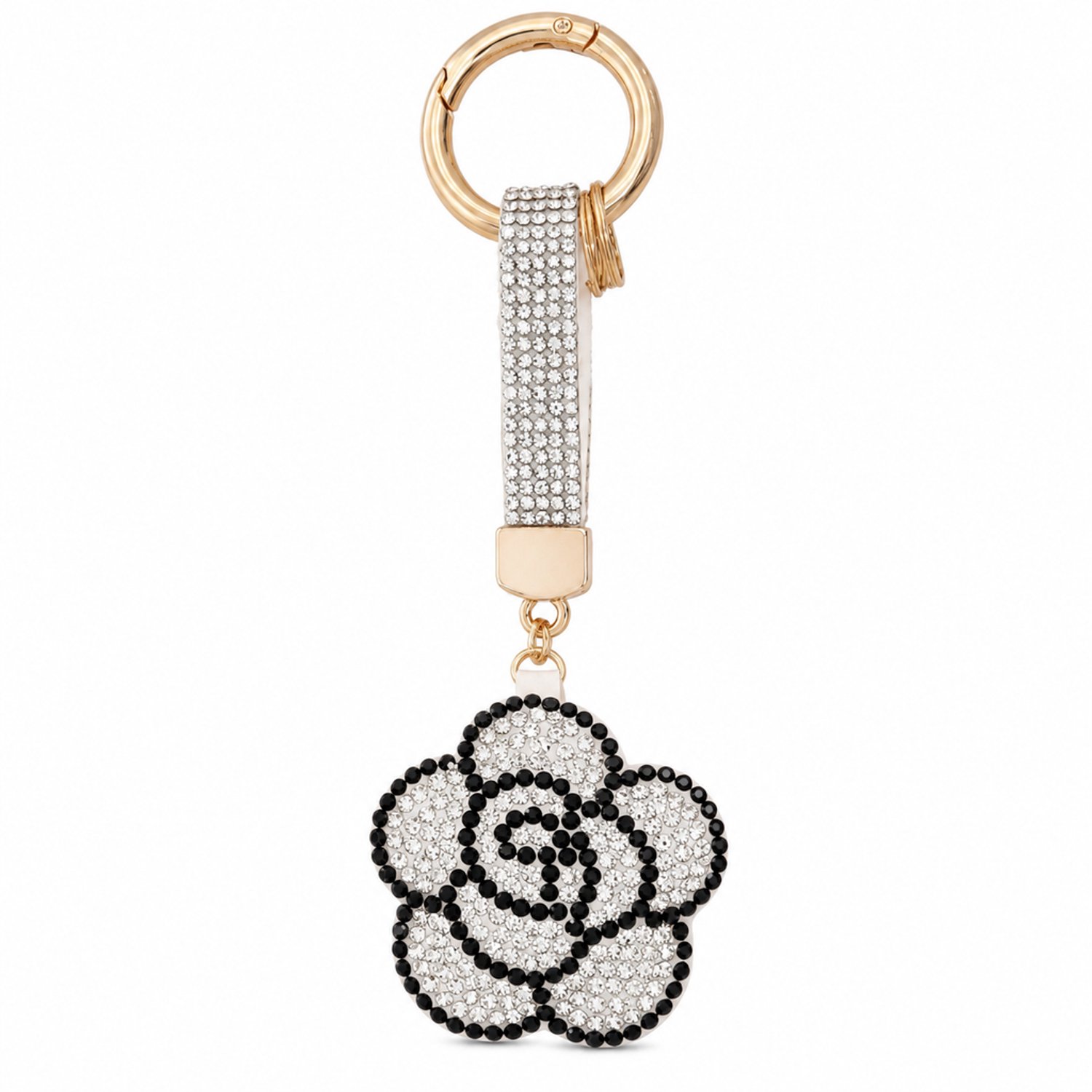 Sleutelhanger met witte leren camelia en strass, bloemvormige tashanger met strassband en sleutelringen