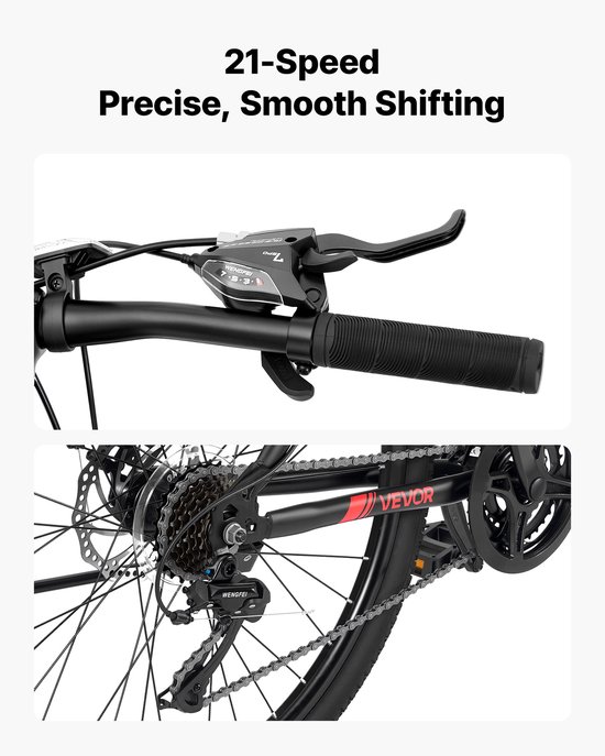 VEVOR Mountainbike voor Dames en Heren, 26 inch, 21 Versnellingen, Zwart/Rood, Ideaal voor Volwassenen, Frame van Koolstofstaal, met Geveerde Voorvork, Draagvermogen van 120 Kg, Bel, Reflectoren en Verstelbaar Zadel — afbeelding 5