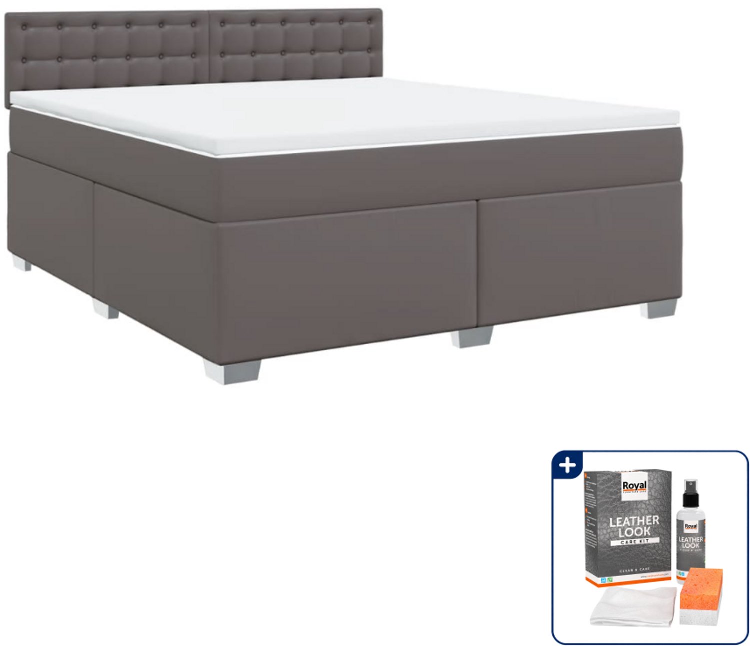 vidaXL Boxspring Kingsize 180x200 cm - kunstleer - grijs - Inclusief onderhoudsset voor kunstleer 150 ml