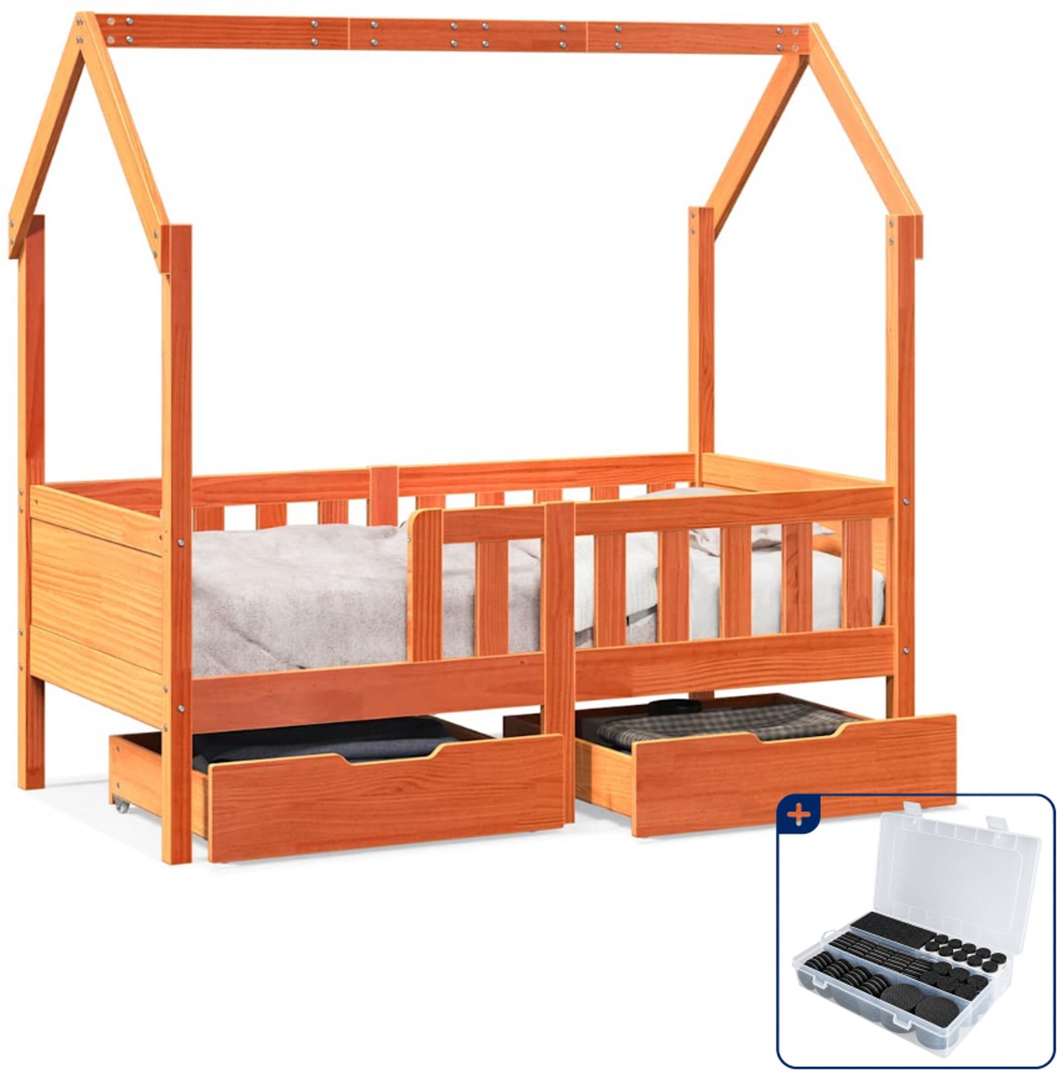 vidaXL kinderbed met 2 lades - 70 x 140 cm - grenenhout - wasbruin - Inclusief antikrasvilt 177-delig Wit
