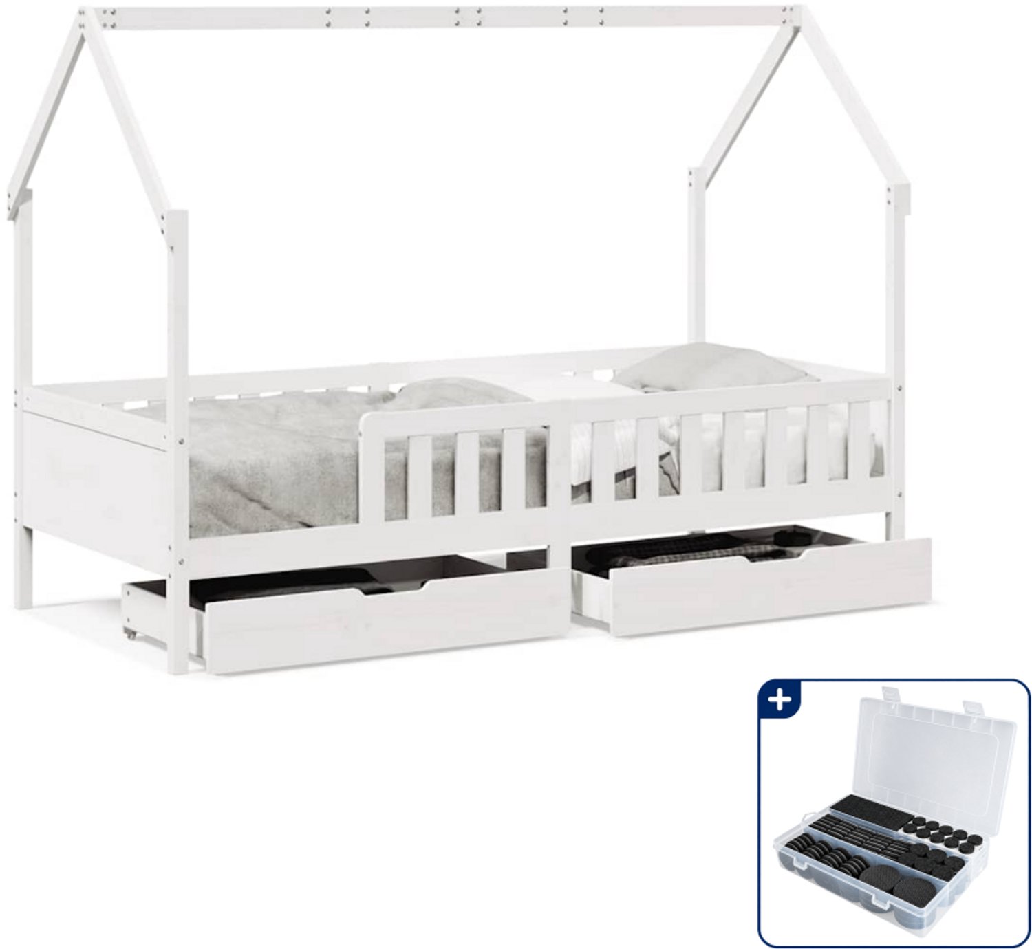 vidaXL kinderbedframe huis 90 x 200 cm - massief grenenhout - wit - Inclusief antikrasvilt 177-delig Bruin