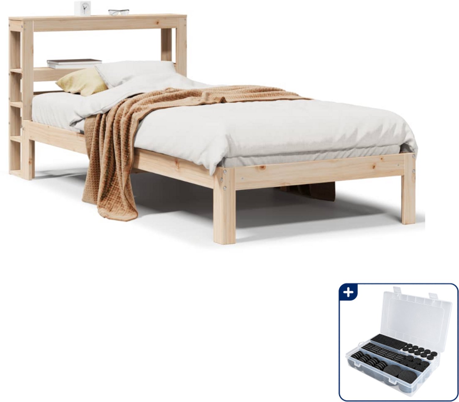 vidaXL bedframe met hoofdbord - 90 x 200 cm - massief grenenhout - Inclusief antikrasvilt 177-delig Wit