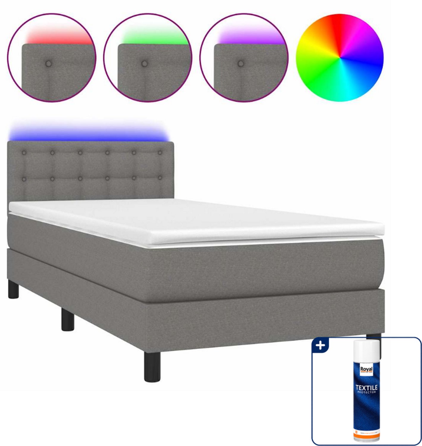 vidaXL boxspring met matras en led - 80 x 200 cm - donkergrijs - Inclusief textielbeschermer 500 ml