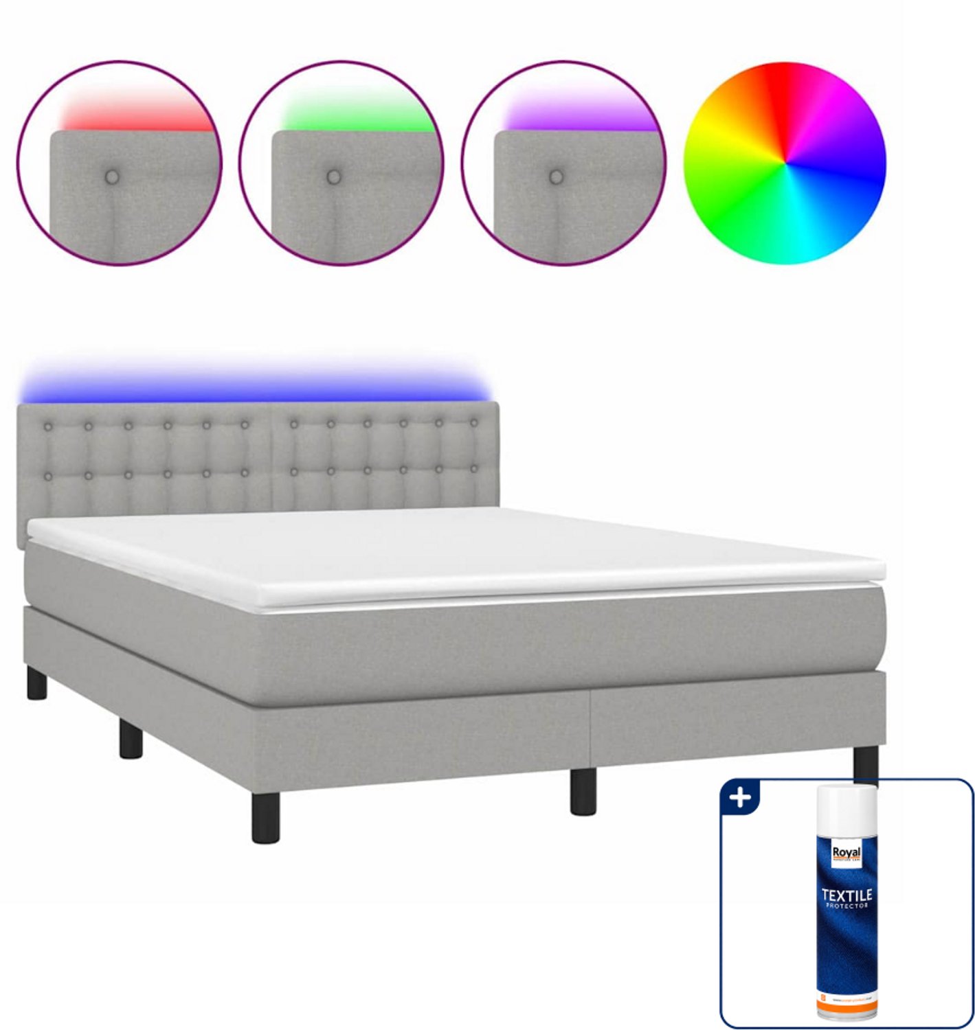vidaXL boxspring met matras en led - 140 x 190 cm - lichtgrijs - Inclusief textielbeschermer 500 ml