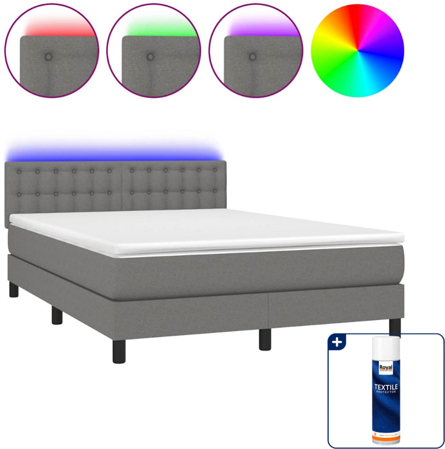 vidaXL boxspring met matras en led - 140 x 190 cm - donkergrijs - Inclusief textielbeschermer 500 ml