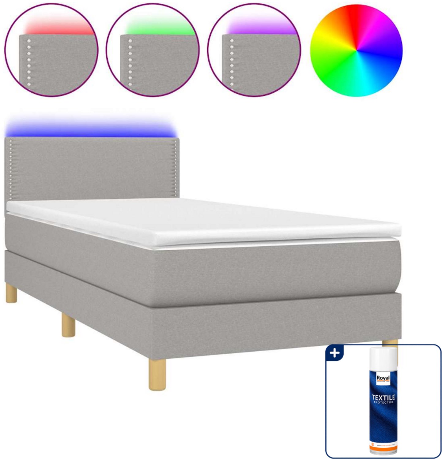 vidaXL boxspring met matras en LED - 80 x 200 cm - lichtgrijs - Inclusief textielbeschermer 500 ml