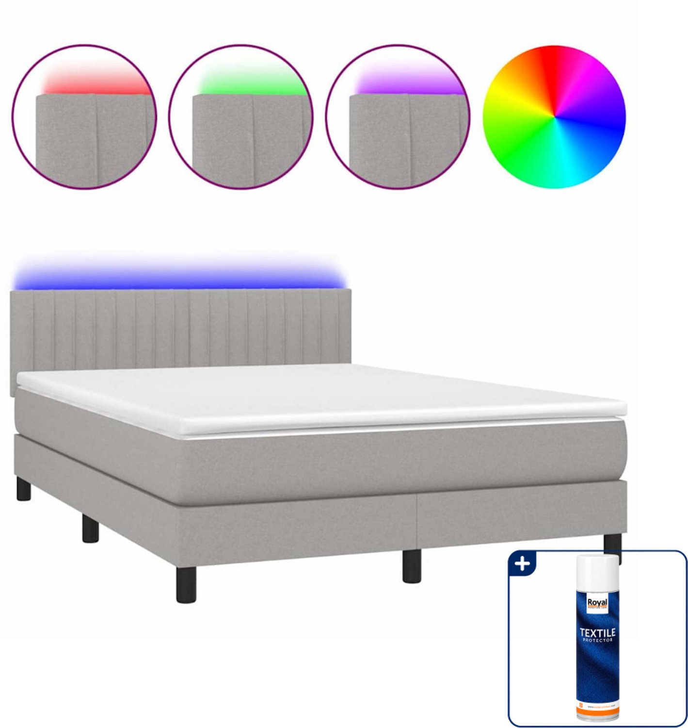 vidaXL boxspring met matras en led - 140 x 190 cm - lichtgrijs - Inclusief textielbeschermer 500 ml