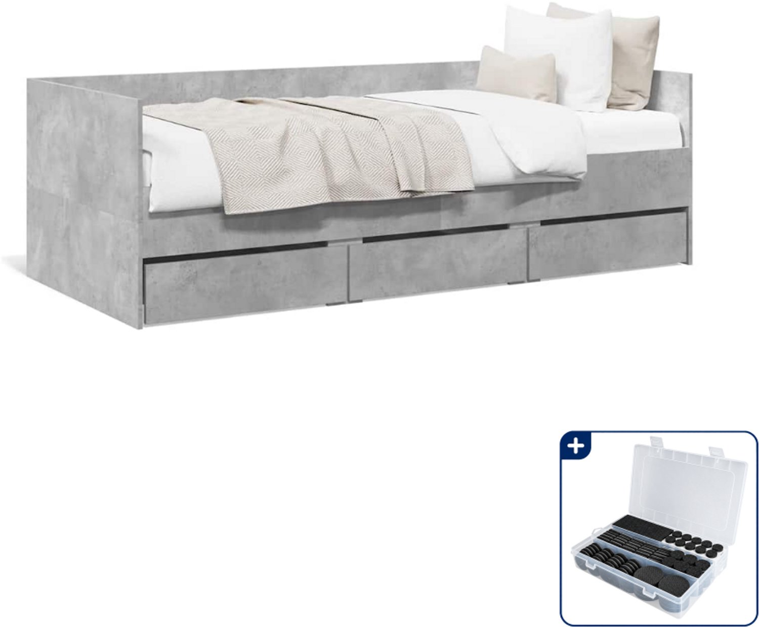vidaXL slaapbank met 3 lades - 100 x 200 cm - bewerkt hout - grijs - Inclusief antikrasvilt 177-delig Zwart