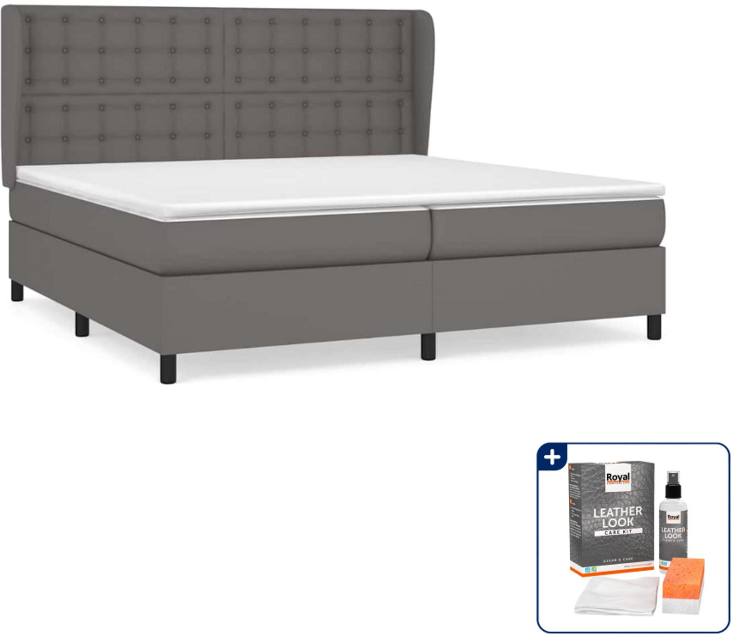 vidaXL Boxspring met matras - Super kingsize - 200 x 200 cm - grijs - Inclusief onderhoudsset voor kunstleer 150 ml