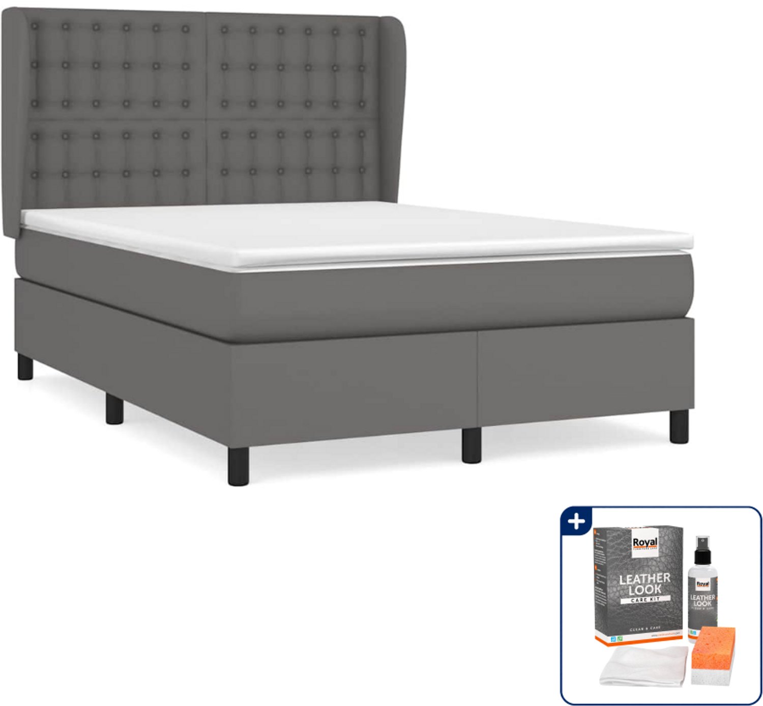 vidaXL boxspring Small double - 140 x 200 cm - grijs - Inclusief onderhoudsset voor kunstleer 150 ml