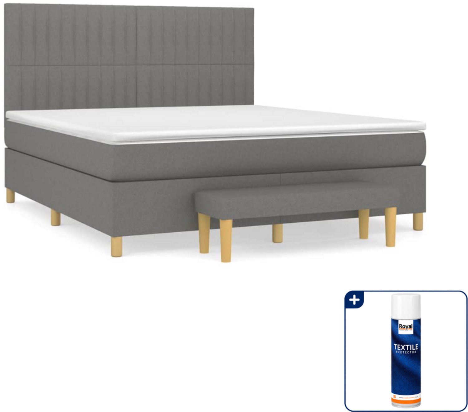 vidaXL Queensize boxspring met matras en bankje - 160x200 cm - grijs - Inclusief textielbeschermer 500 ml