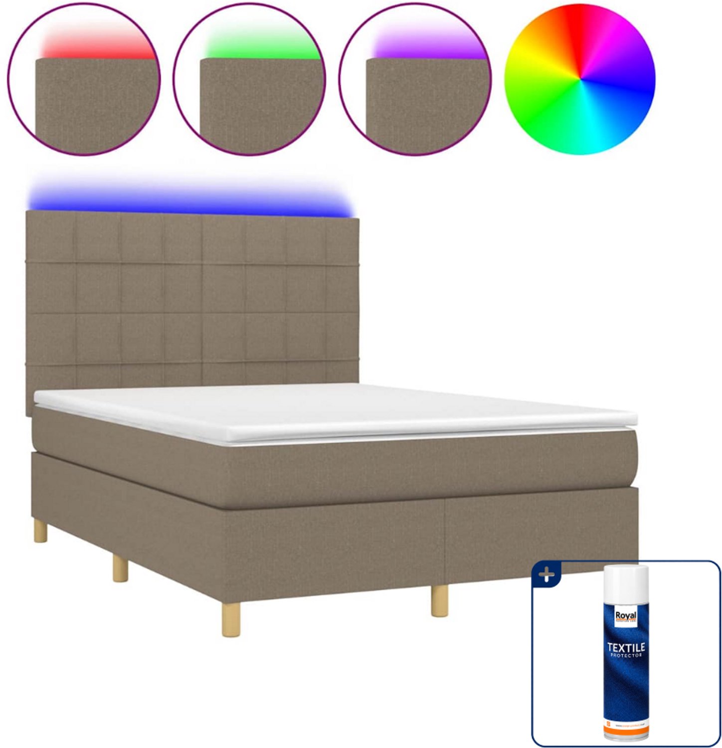 vidaXL boxspring met matras en led - 140 x 190 cm - taupe - Inclusief textielbeschermer 500 ml