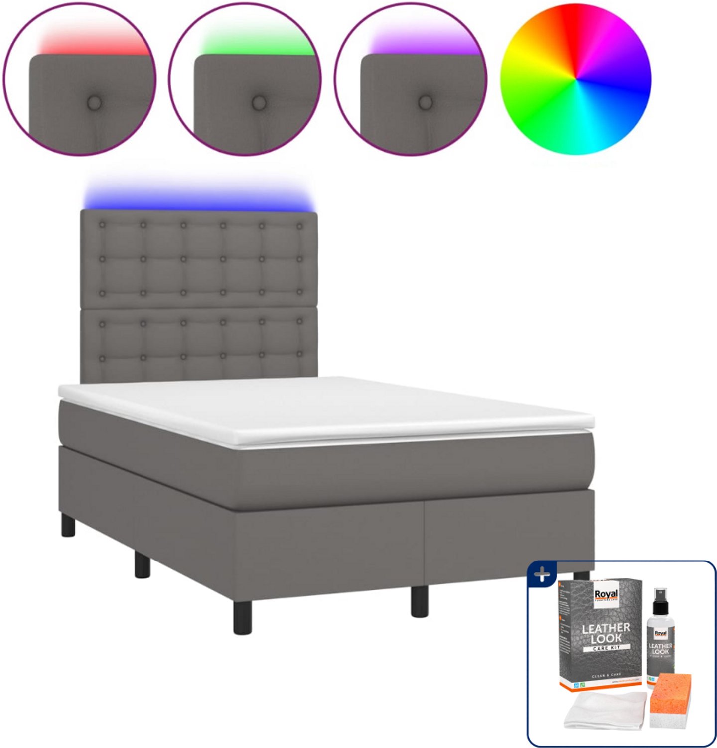 vidaXL boxspring met matras en LED - 120 x 200 cm - kunstleer - grijs - Inclusief onderhoudsset voor kunstleer 150 ml