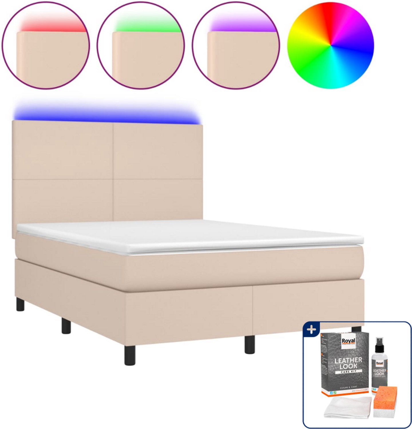 vidaXL boxspring met matras en led - Small double 140x200 cm - cappuccino - Inclusief onderhoudsset voor kunstleer 150 ml Bruin