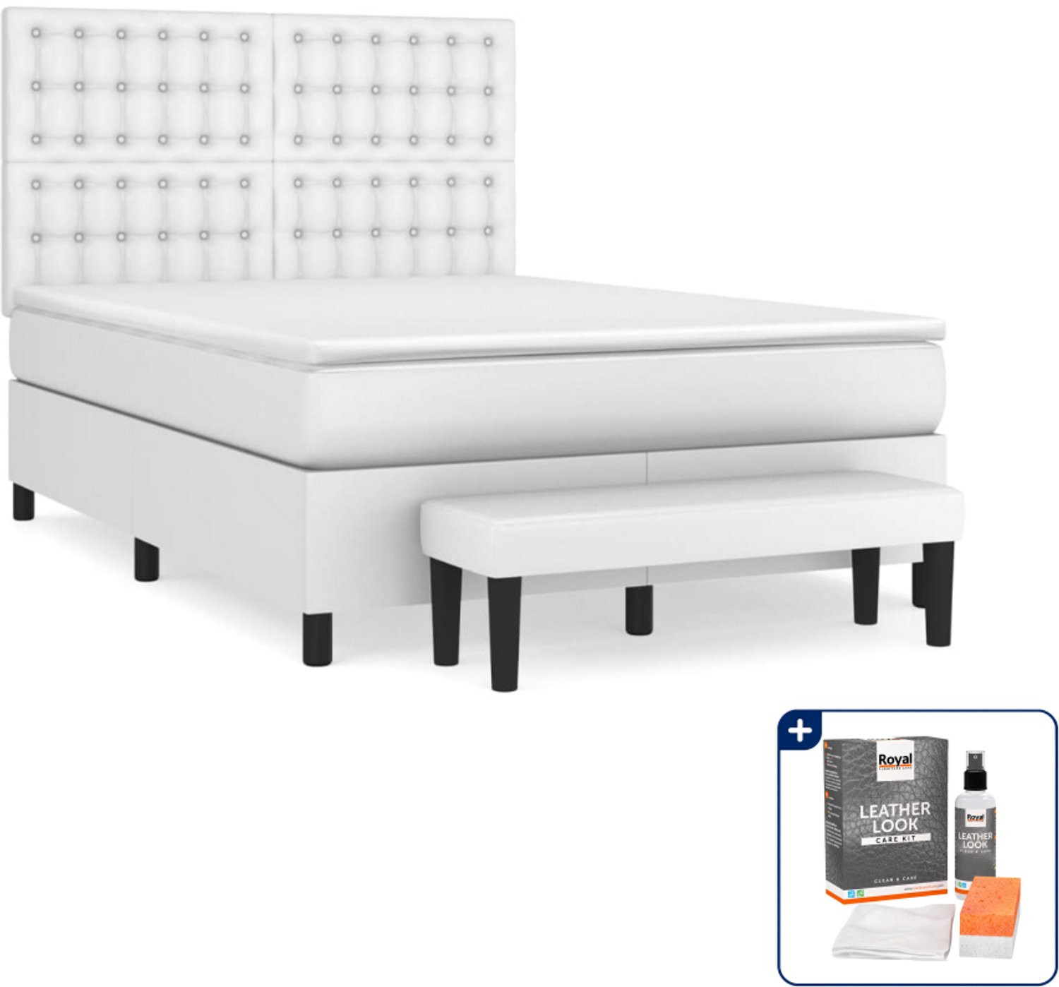 vidaXL Boxspring met matras - Small double - 140 x 200 cm - wit - Inclusief onderhoudsset voor kunstleer 150 ml