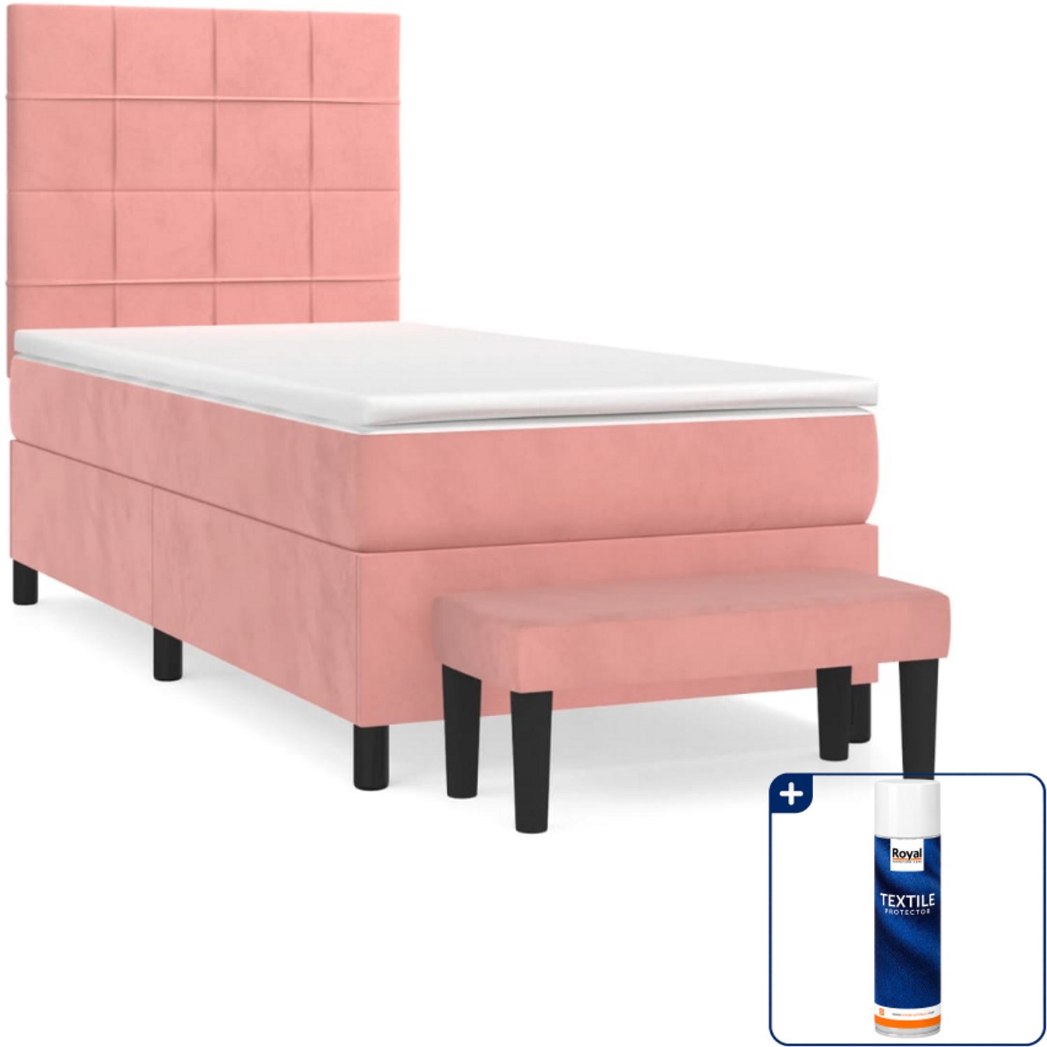 vidaXL boxspring met matras en bankje - 90 x 200 cm - roze - Inclusief textielbeschermer 500 ml