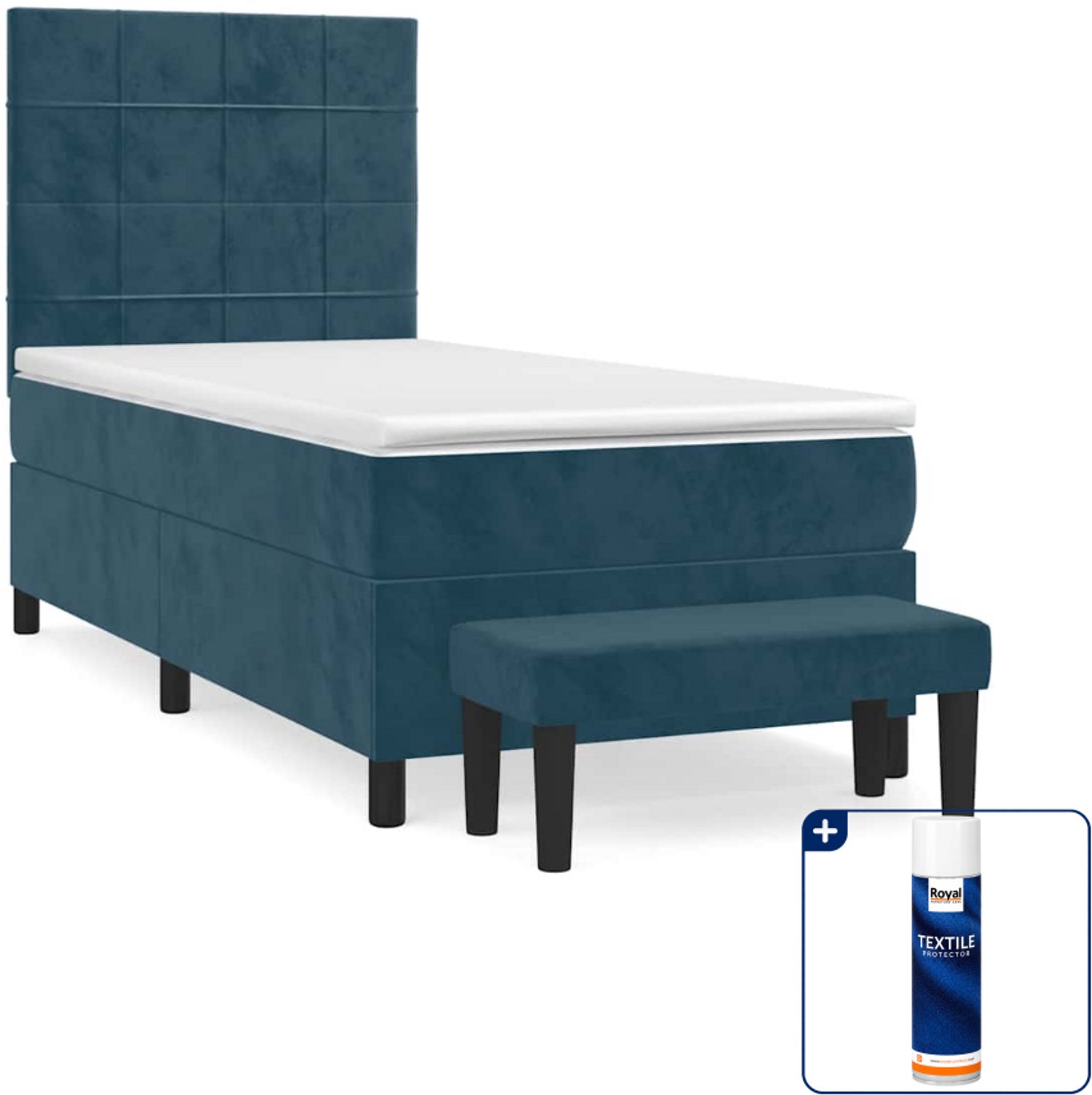 vidaXL boxspring met matras en bankje - 100 x 200 cm - fluweel - donkerblauw - Inclusief textielbeschermer 500 ml
